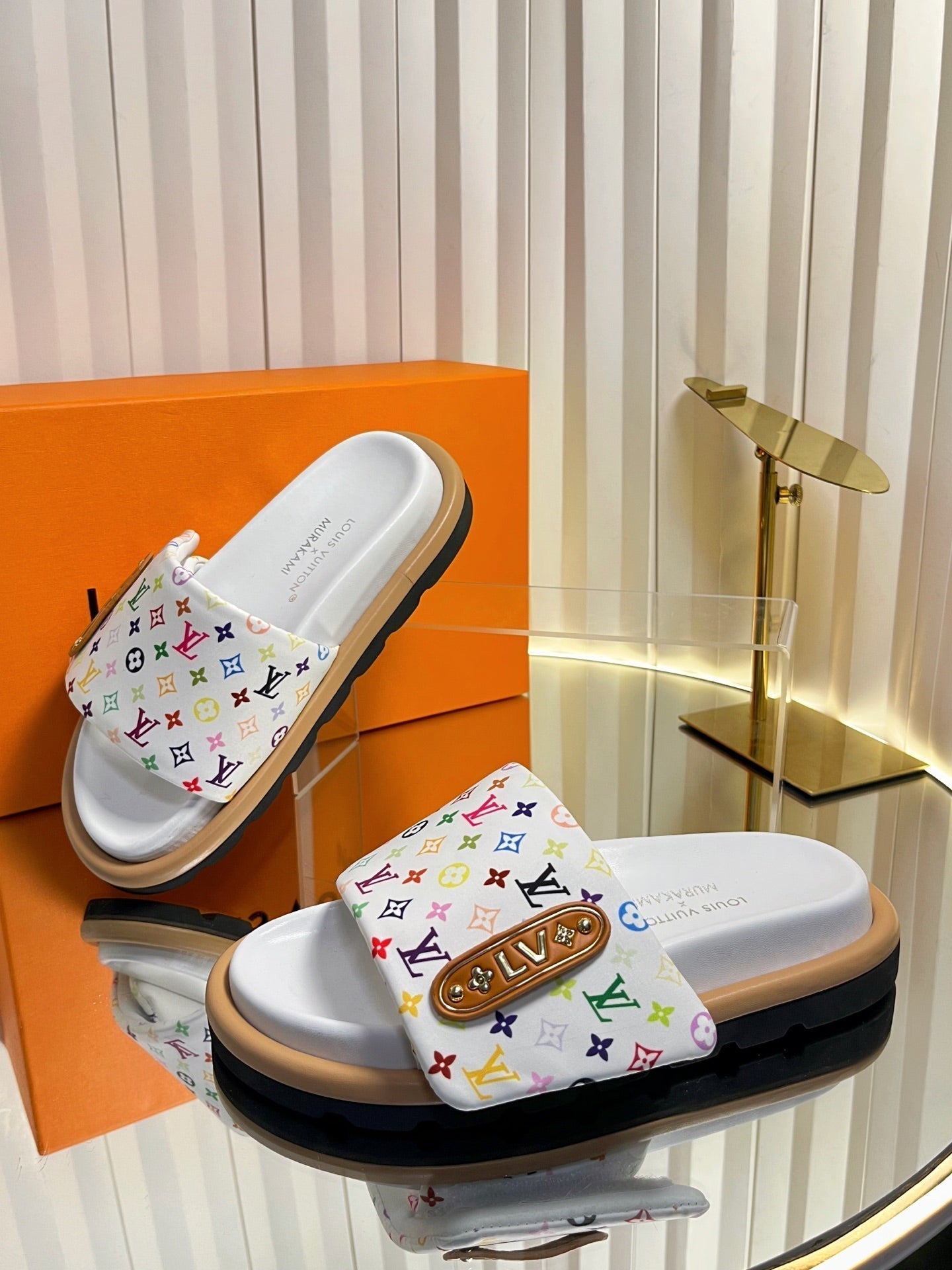 LV 26s Slippers White Multicolor Fabric Sheepskin 616355