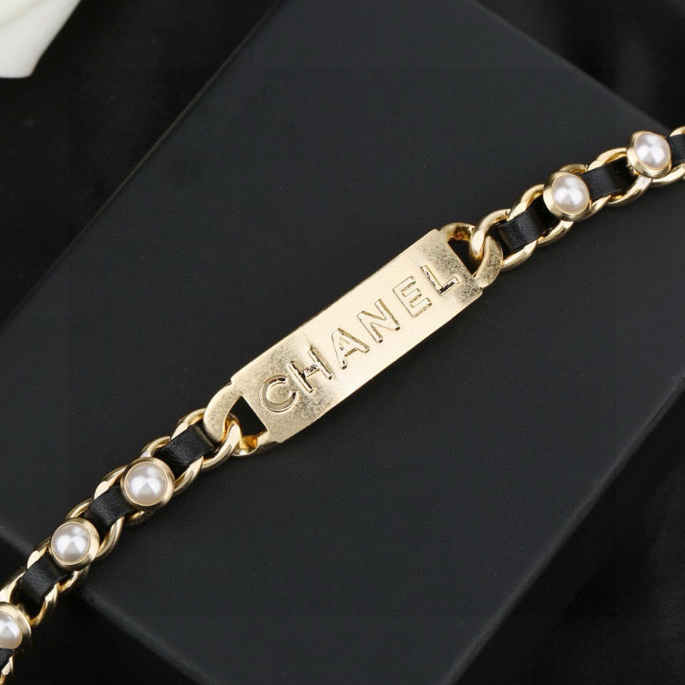 CC Choker Black Gold Pearl Leather Necklace