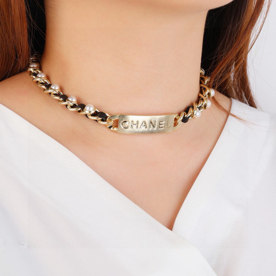 CC Choker Black Gold Pearl Leather Necklace