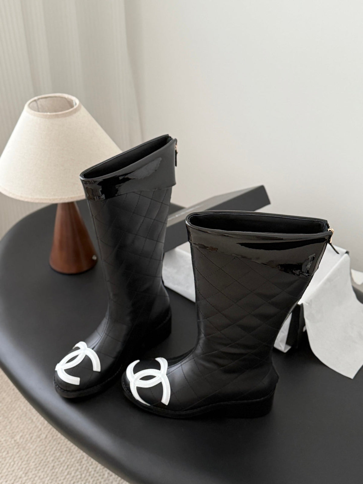 CC 2025 Vintage Cambon Mid-Calf Boots Black White Cowhide 550637
