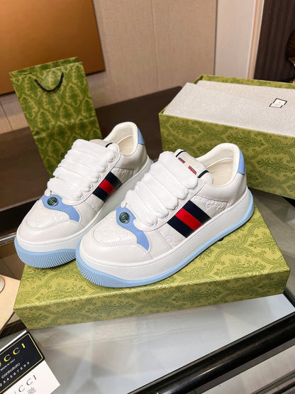 GG Men's Screener Sneaker White Blue Canvas Sheepskin 523602