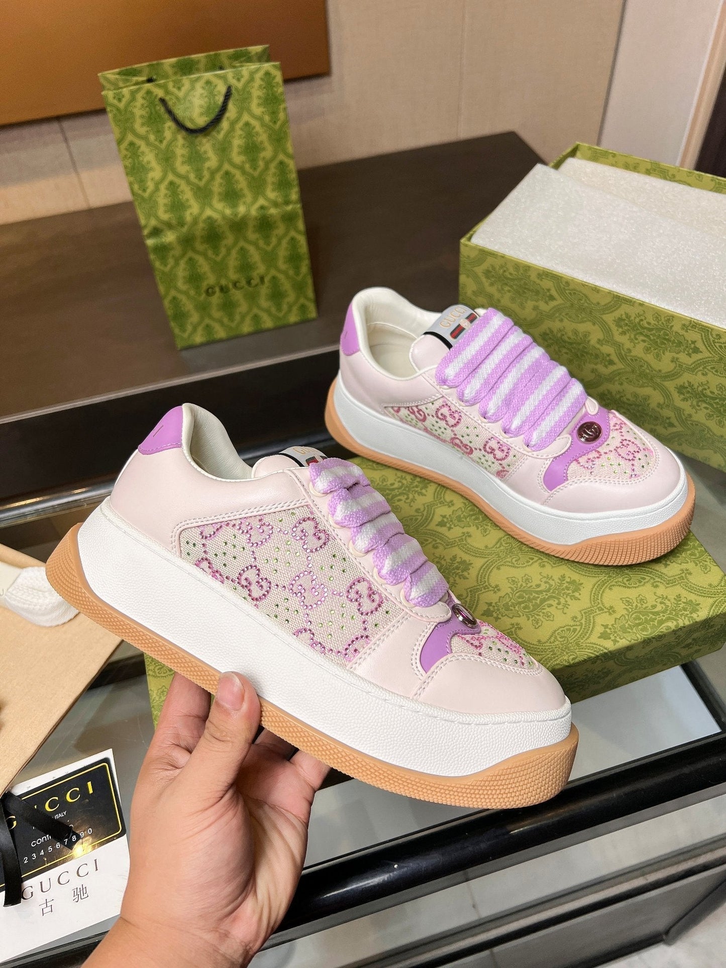 GG Men's Screener Sneaker Purple Canvas Sheepskin  523600