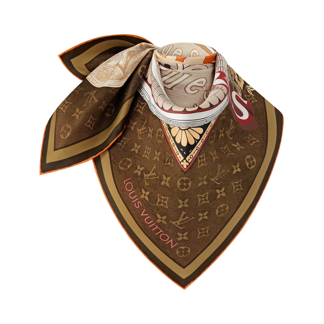LV Double Sided Scarf 90 Brown Beige Monogram Twill Silk 168746