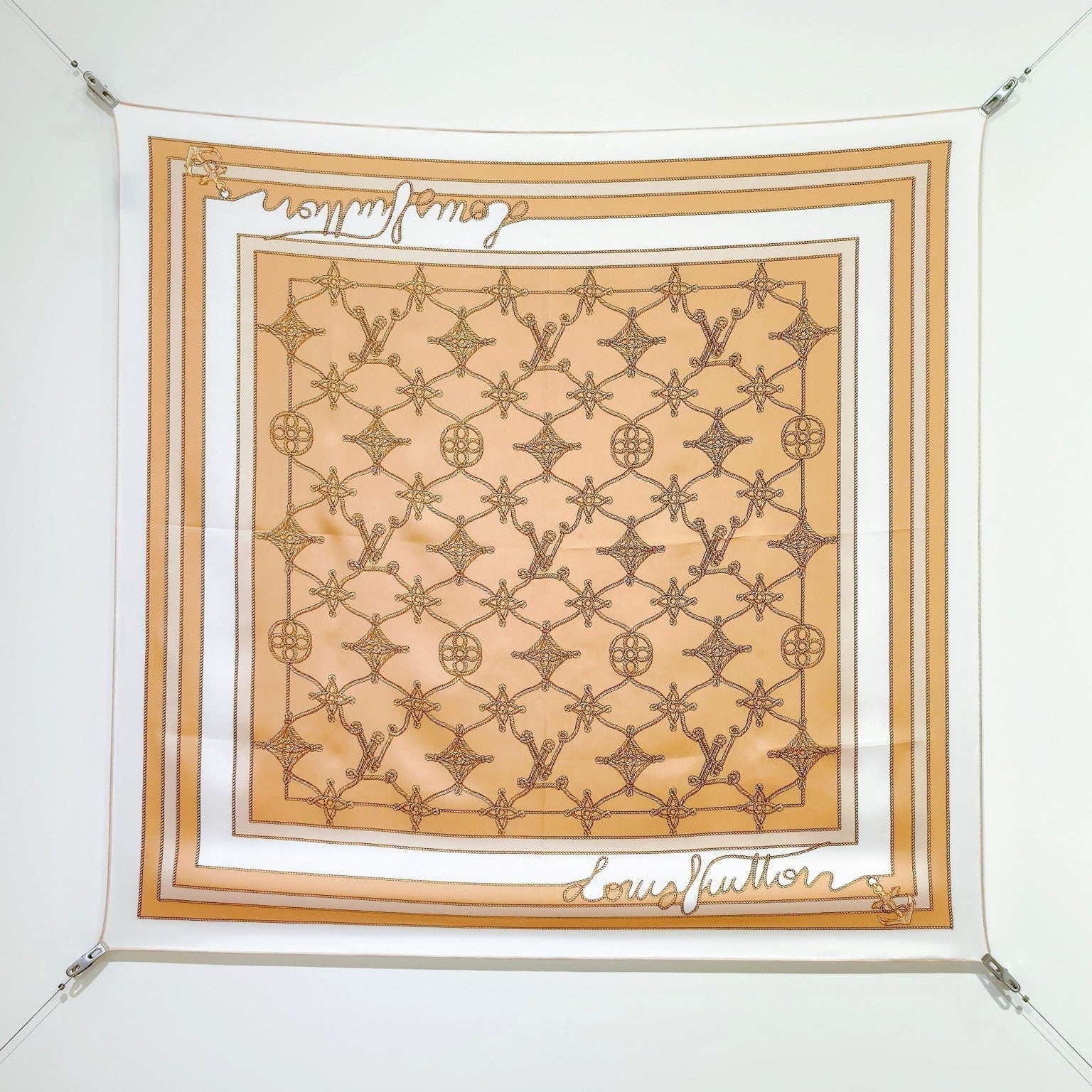 LV Double Sided Scarf 90 Beige White Monogram Twill Silk 164405