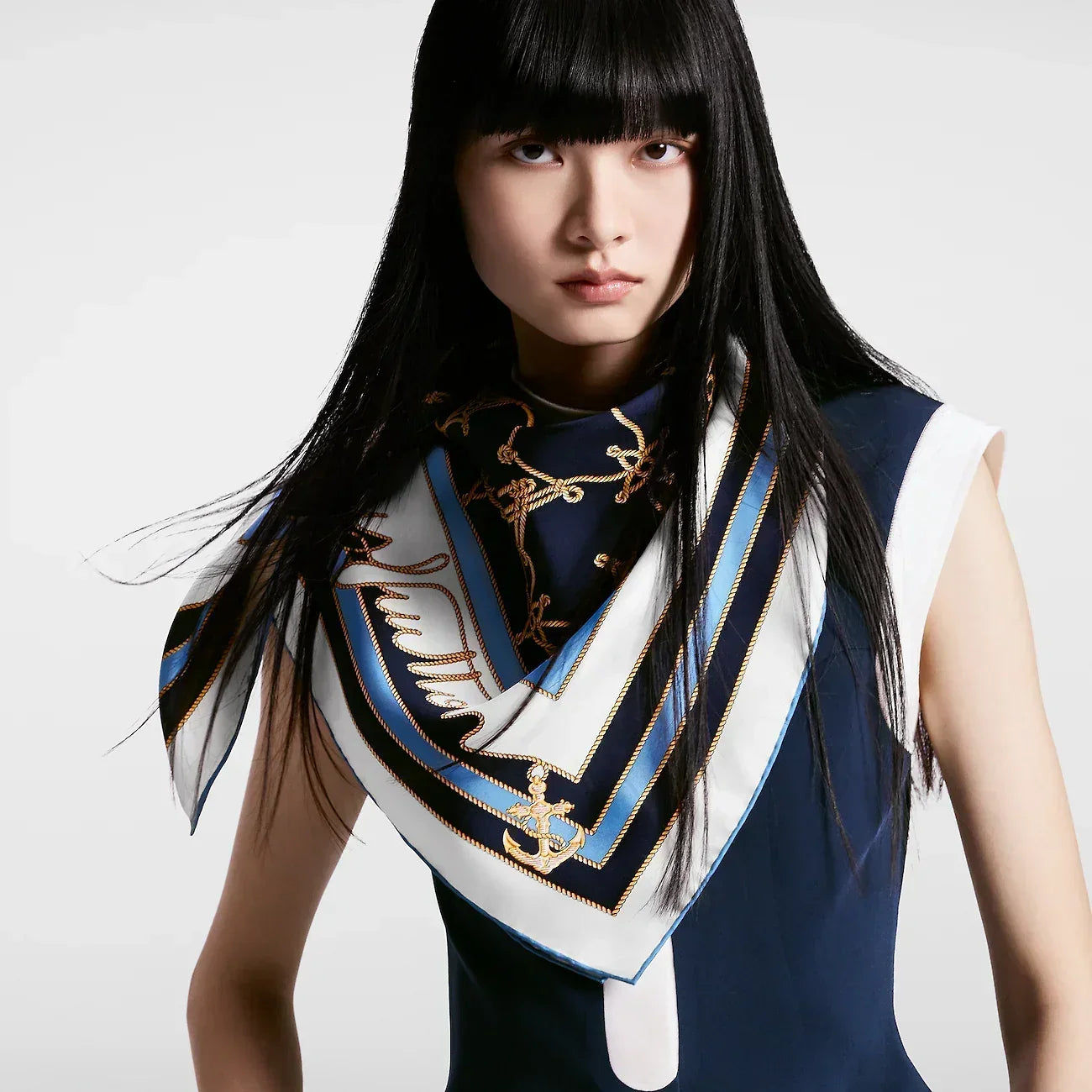 LV Double Sided Scarf 90 Dark Blue White Monogram Twill Silk 164407