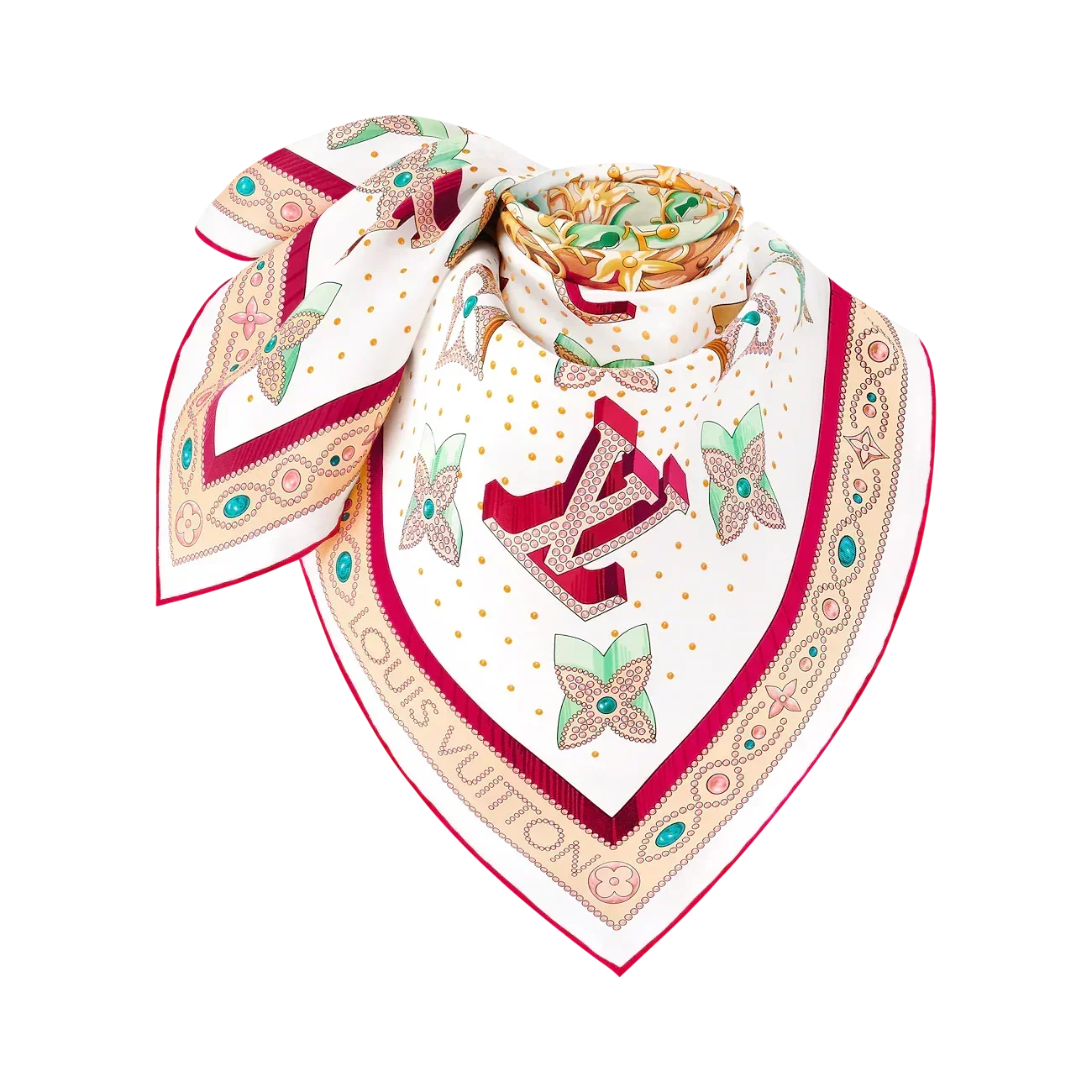 LV Double Sided Scarf 90 White Pink Colorful Monogram Mulberry Silk 169336