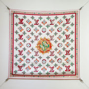 LV Double Sided Scarf 90 White Pink Colorful Monogram Mulberry Silk 169336