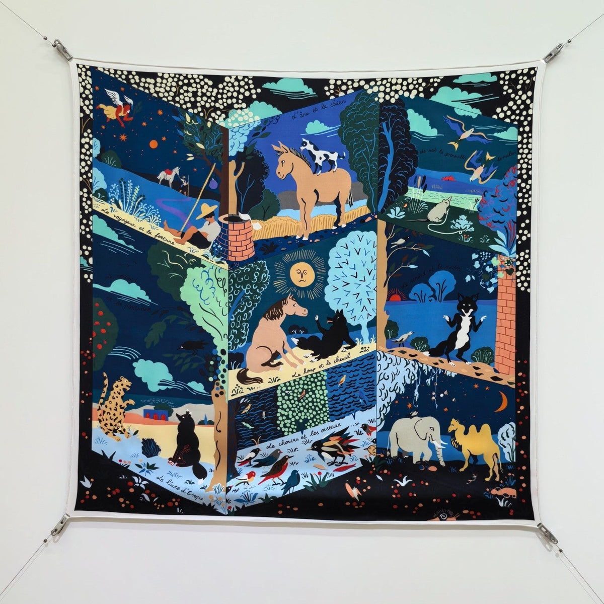HM 26ss Amazon  Scarf 90 Black Blue Colorful Twill Silk 130286
