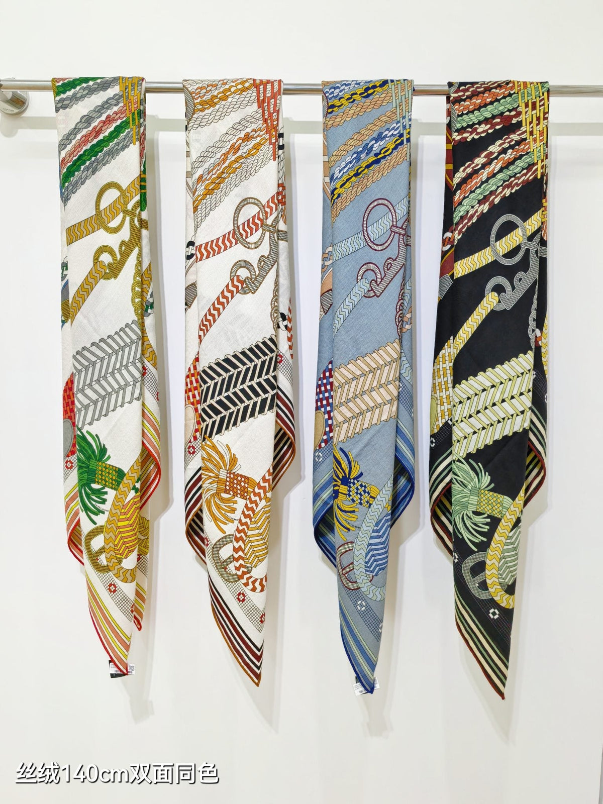 HM 26ss Double Sided Scarf 140 White Beige Colorful Cashmere Silk 132450