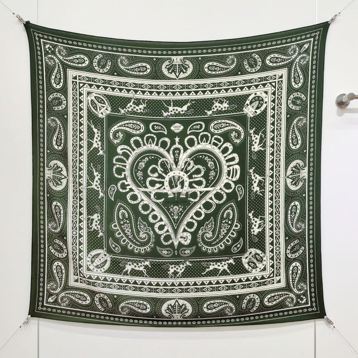 HM 26s Heart Horse Scarf 140 Dark Green Cashmere Silk 139235