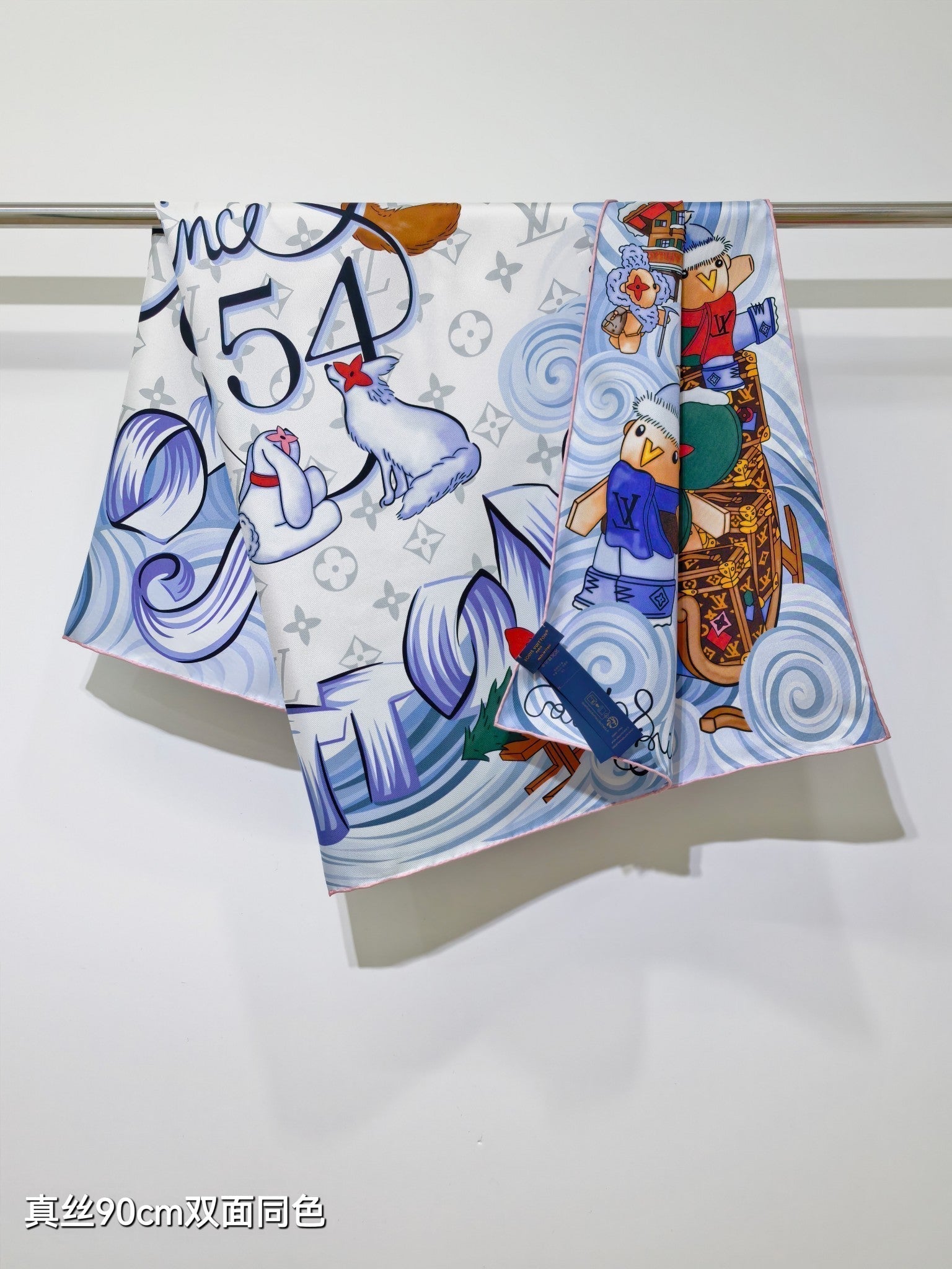 LV Double Sided Scarf 90 White Blue Colorful Mulberry Silk 168788