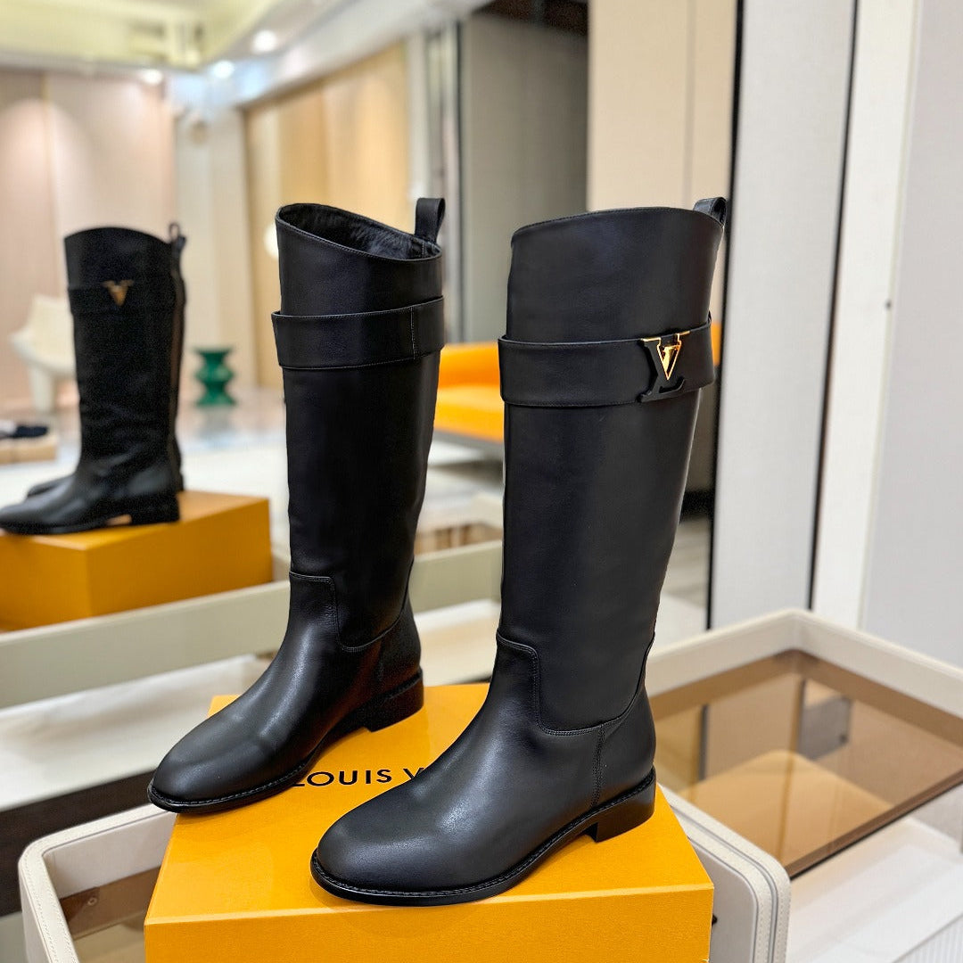 LV 25 Metal Buckle Riding Boots Black Sheepskin  573888