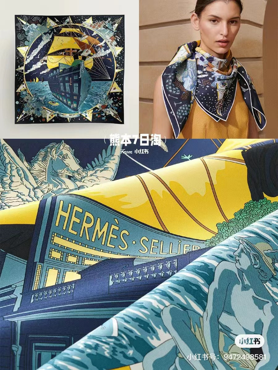Flagship Silk Scarf 90 CM Charcoal Blue Colorful