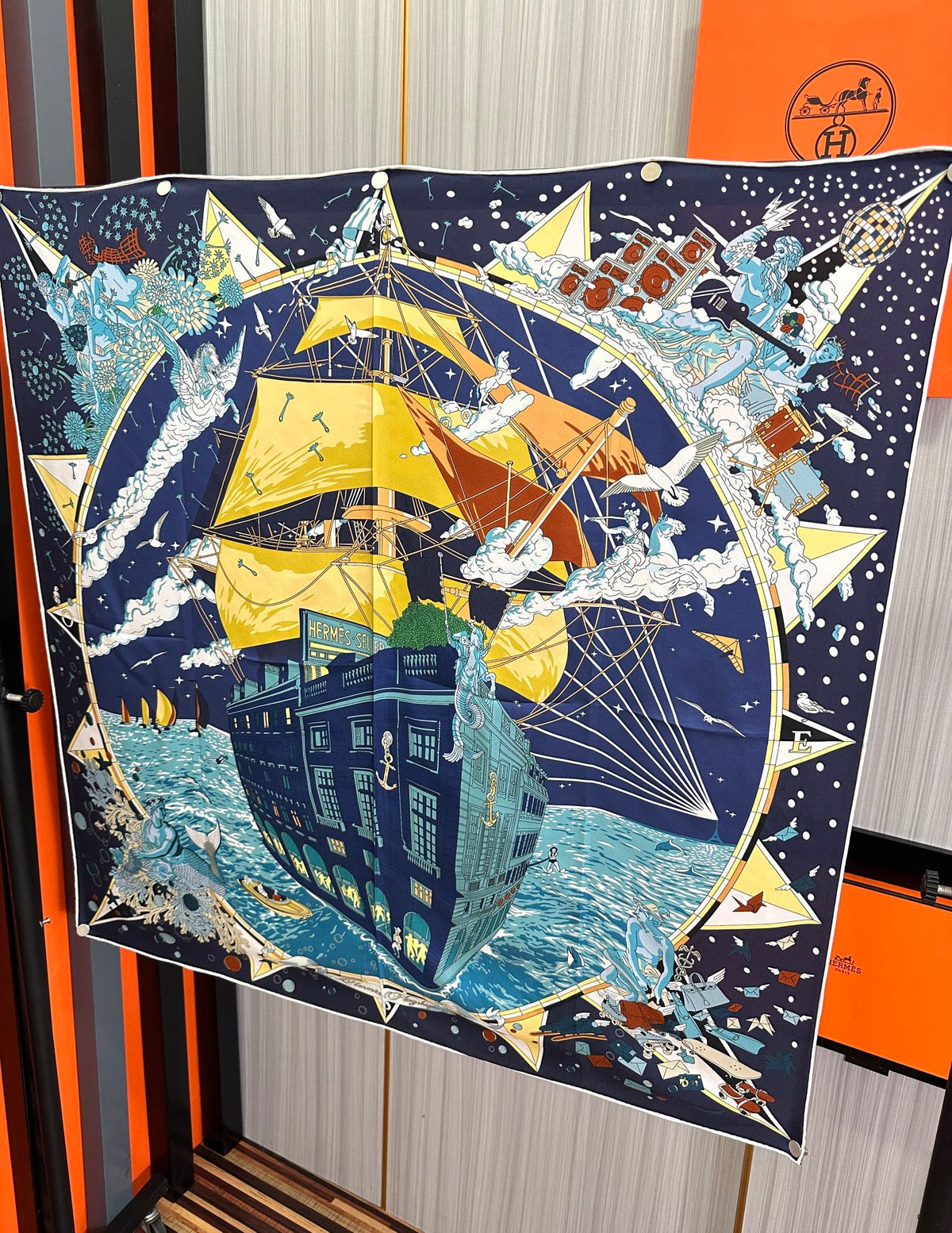 Flagship Silk Scarf 90 CM Charcoal Blue Colorful