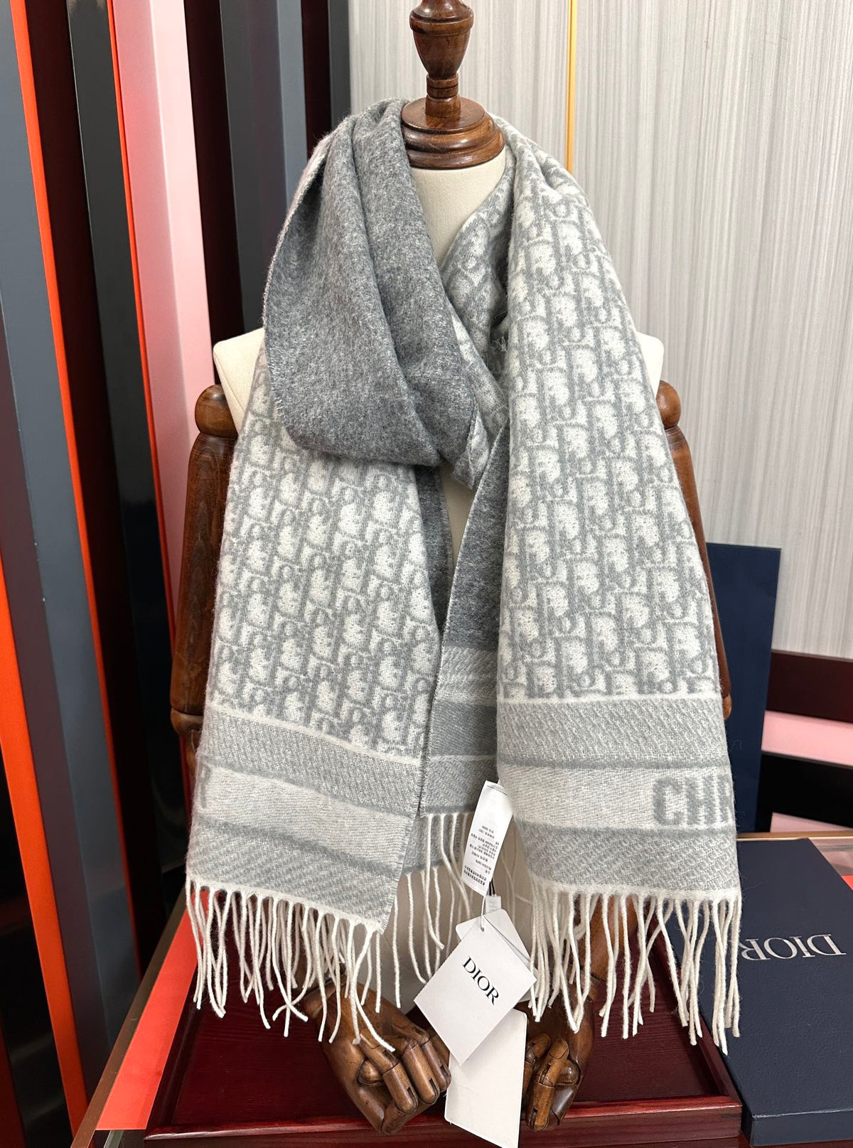 CD Oblique Print Scarf 200CM Gray White Wool 292981