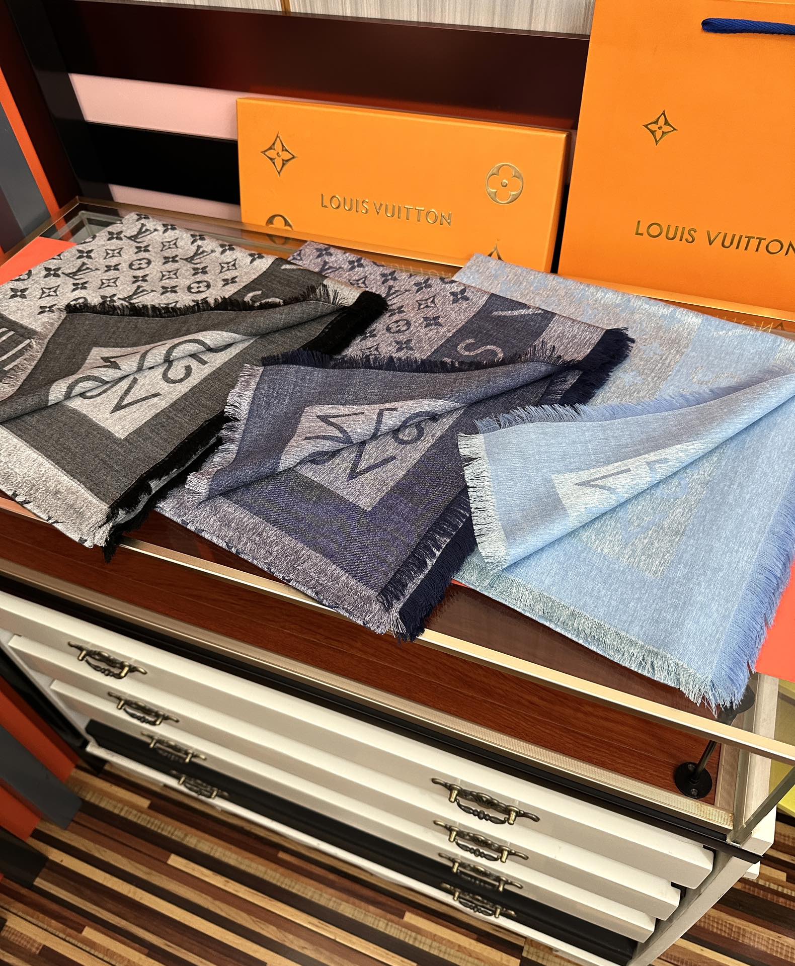LV  Long Scarf 140cm Baby Blue Cashmere 967312