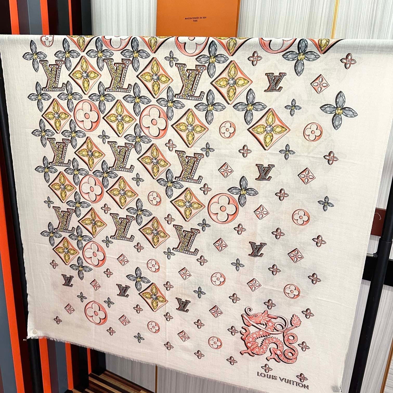 LV  Long Scarf 200cm White Pink Yellow Cashmere 967317