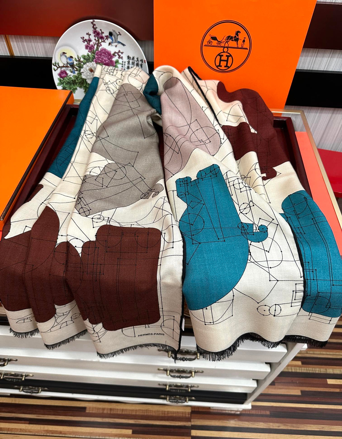HM 25s Scarf 185 Blue Brown Creams Cashmere 976447