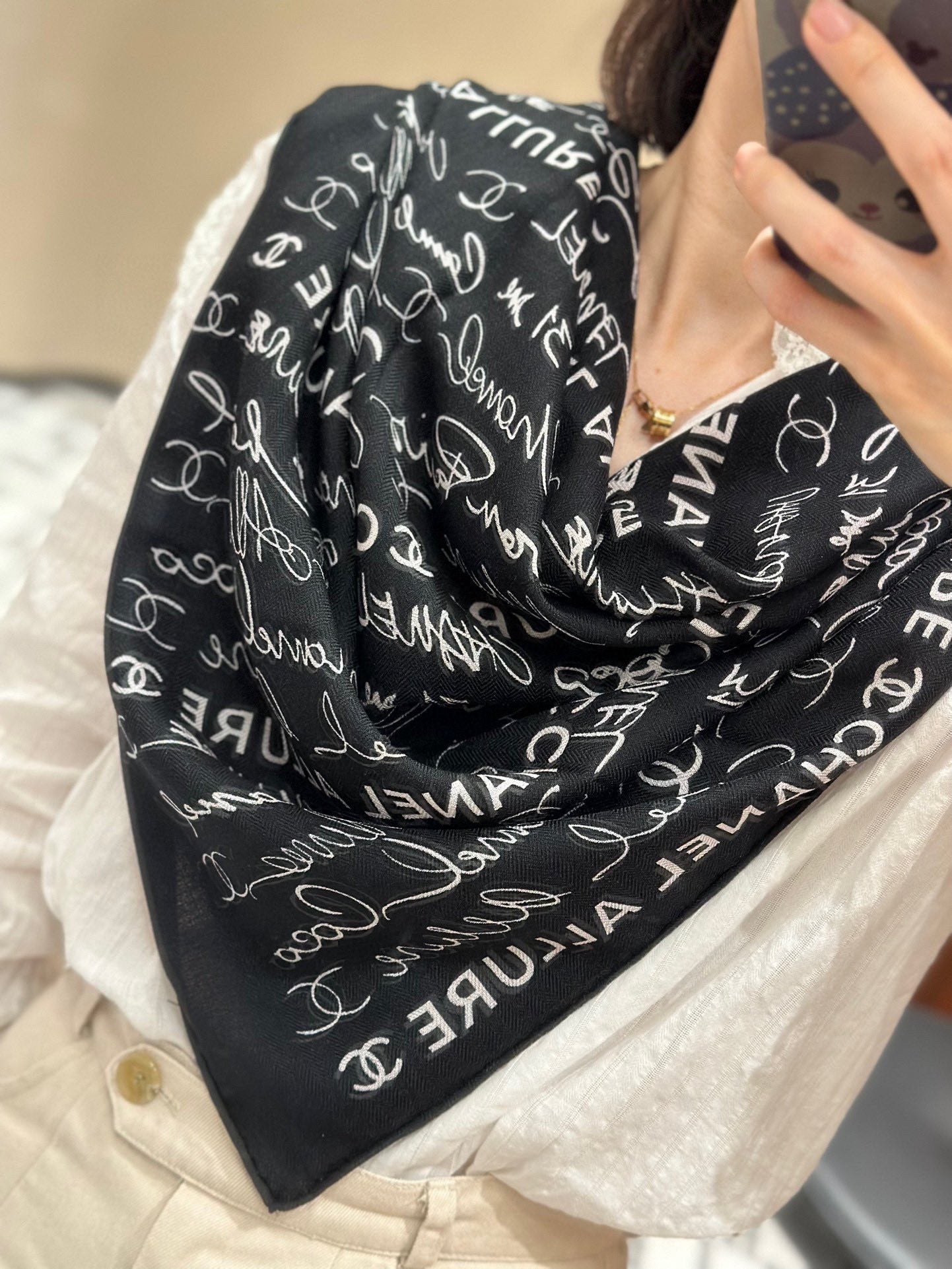 CC Square Scarf 110 CM In Black With White Text Cashmere Silk 320584