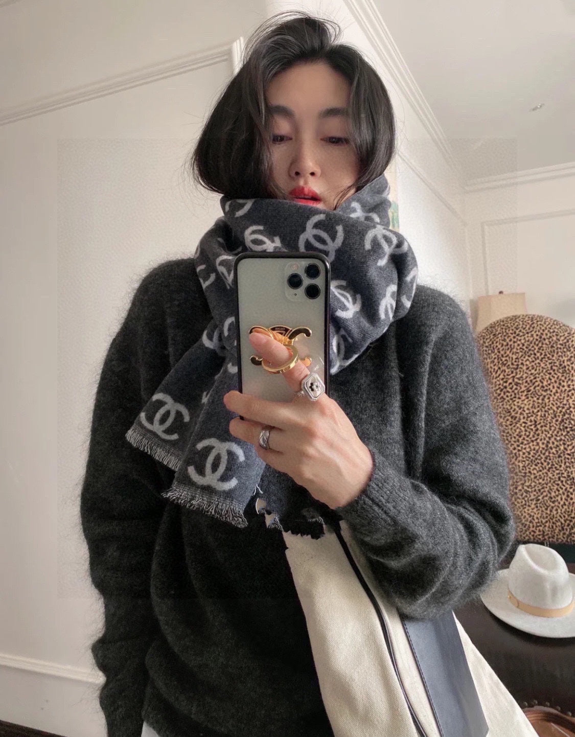 CC Scarf 180 CM In Dark Grey Mix Light Grey Print Logo Wool And Cashmere 359268
