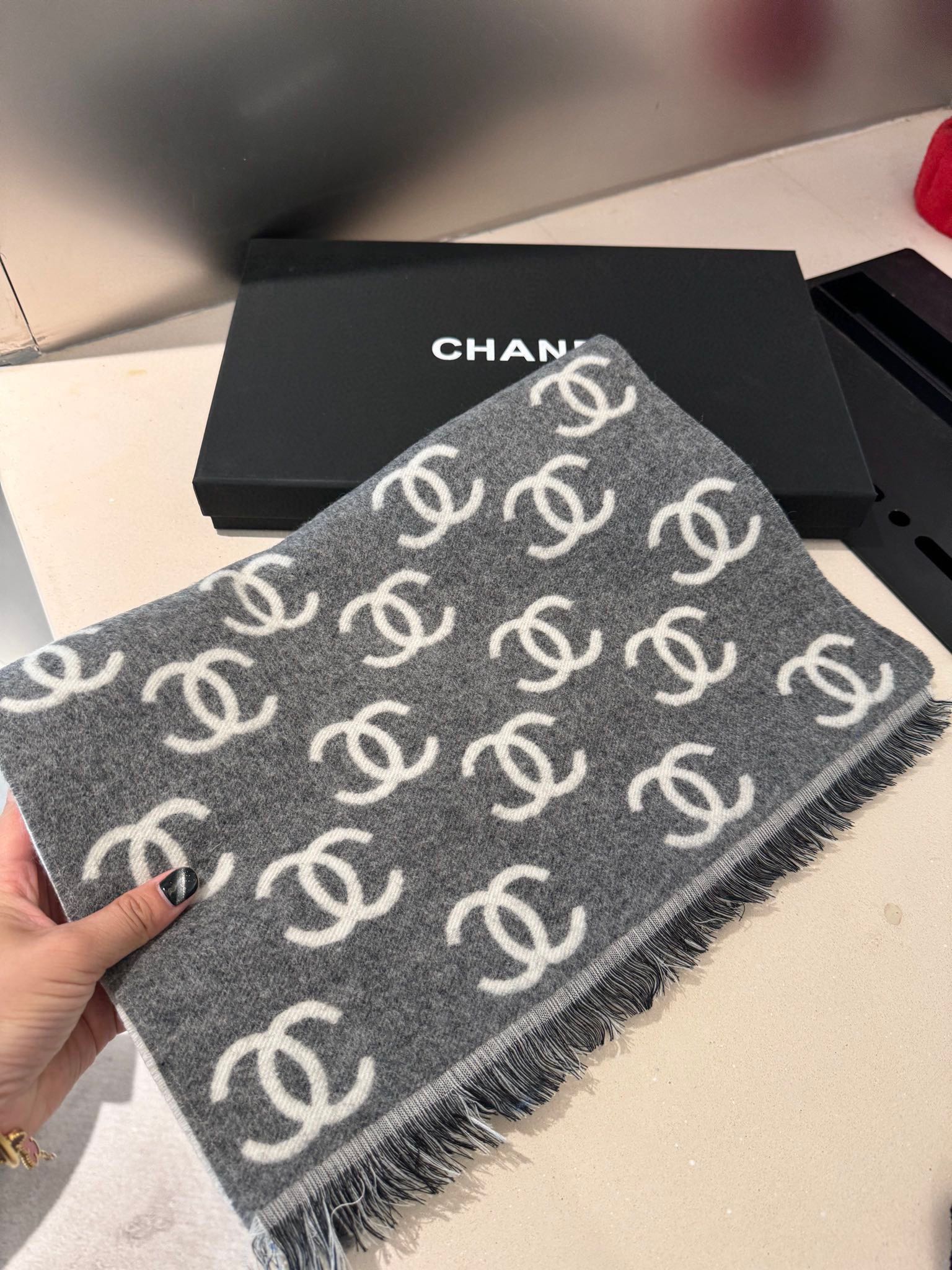 CC Scarf 180 CM In Dark Grey Mix Light Grey Print Logo Wool And Cashmere 359268