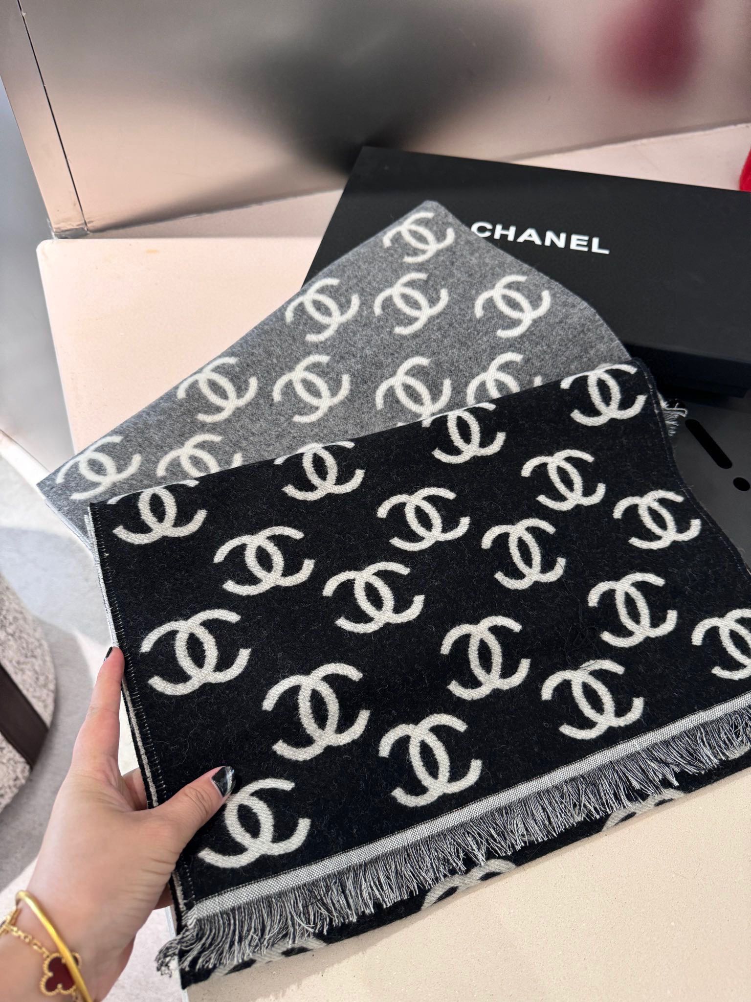 CC Scarf 180 CM In Dark Grey Mix Light Grey Print Logo Wool And Cashmere 359268