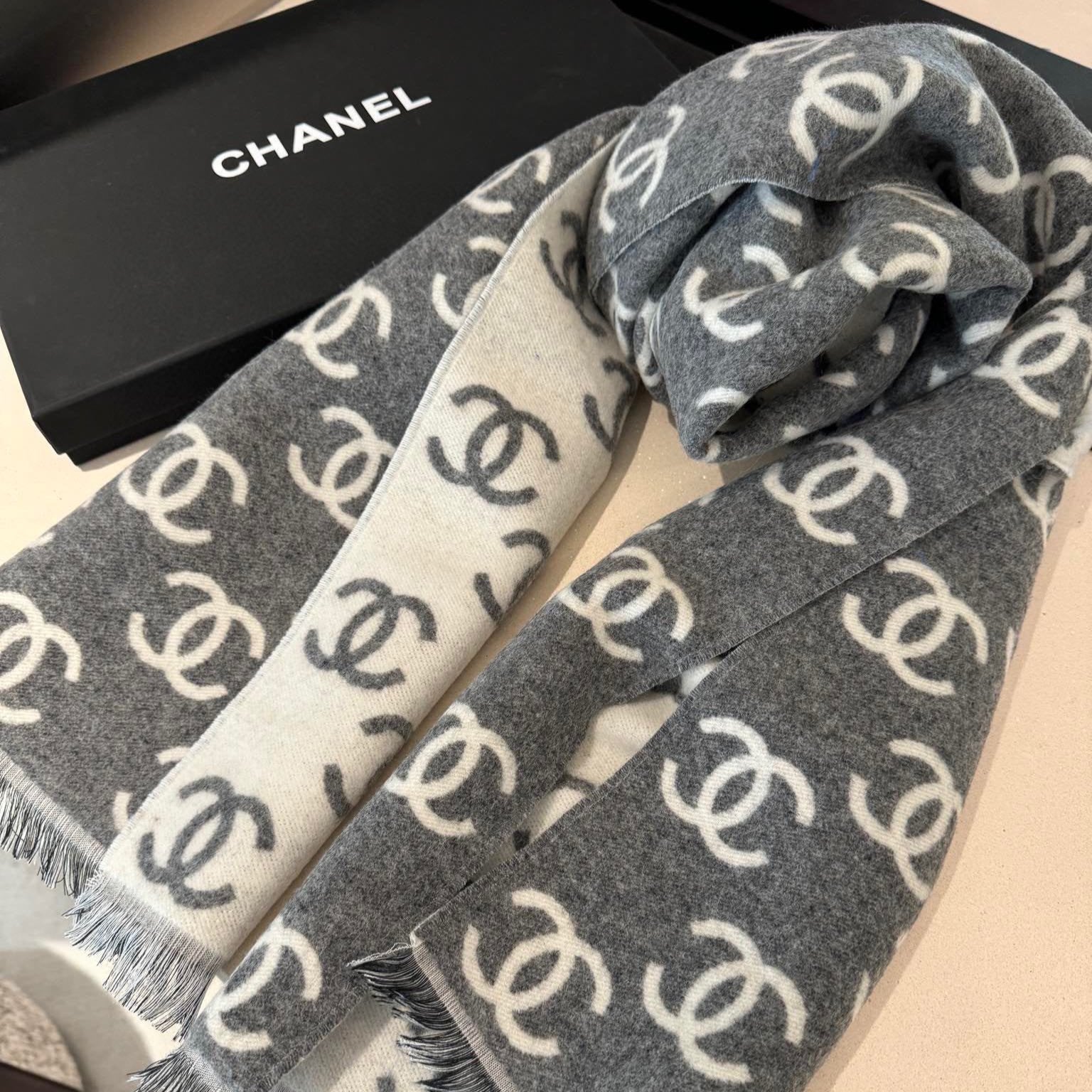 CC Scarf 180 CM In Dark Grey Mix Light Grey Print Logo Wool And Cashmere 359268