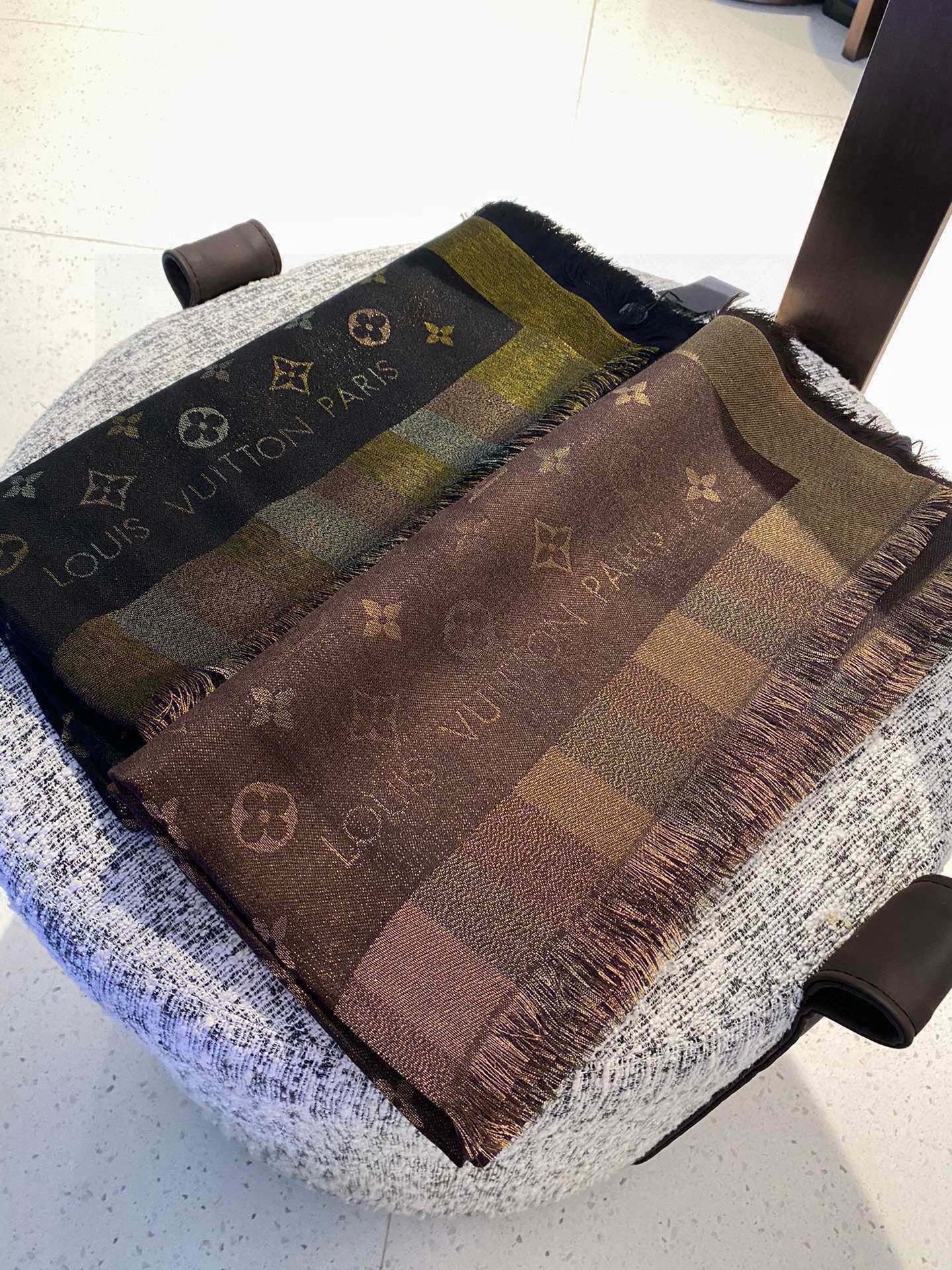 LV Monogram Scarf 140cm Black Beige Silk and Wool 967231