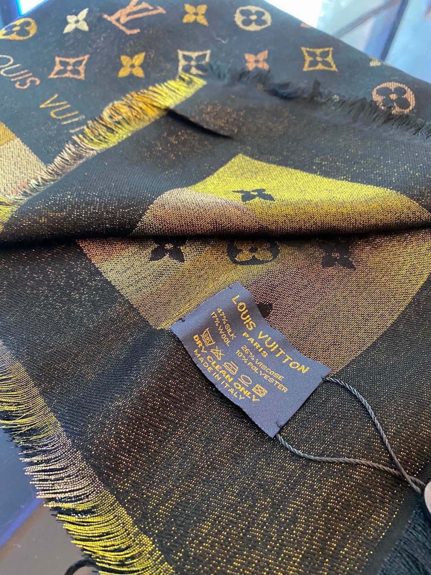 LV Monogram Scarf 140cm Black Beige Silk and Wool 967231