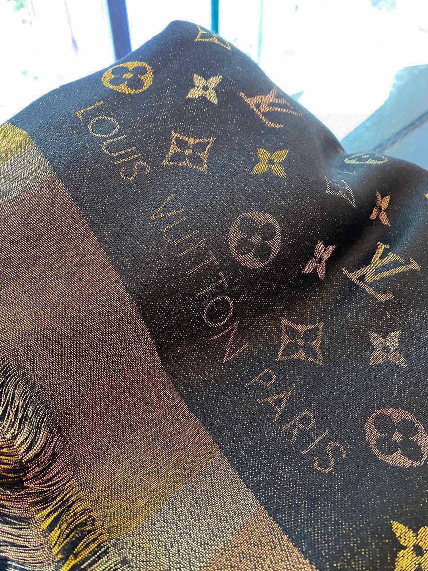 LV Monogram Scarf 140cm Black Beige Silk and Wool 967231