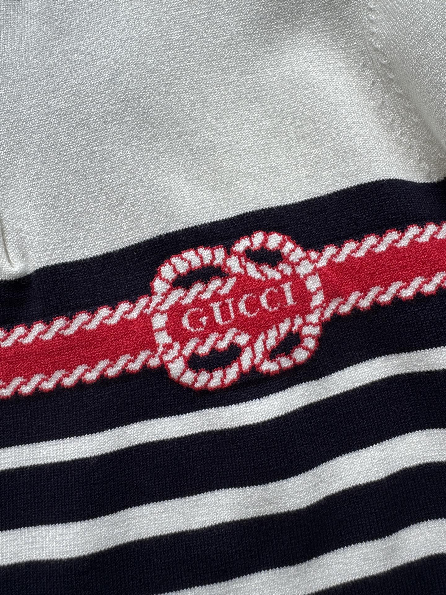 Gucci Striped Polo Knitted Top Dark Blue White Cotton
