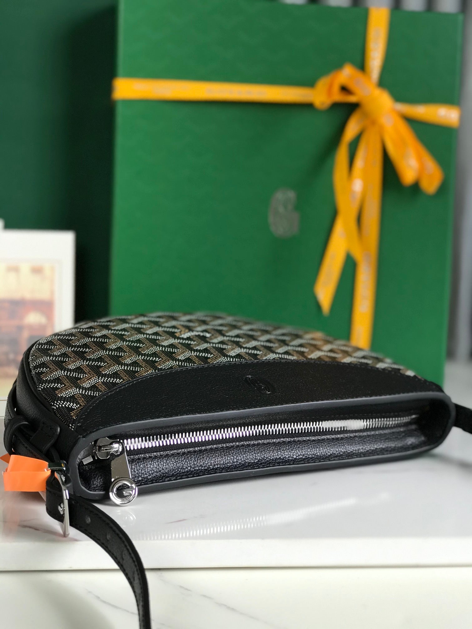 HIRONDELLE BAG 25 IN BLACK LAMBSKIN AND GOYARDINE CANVAS