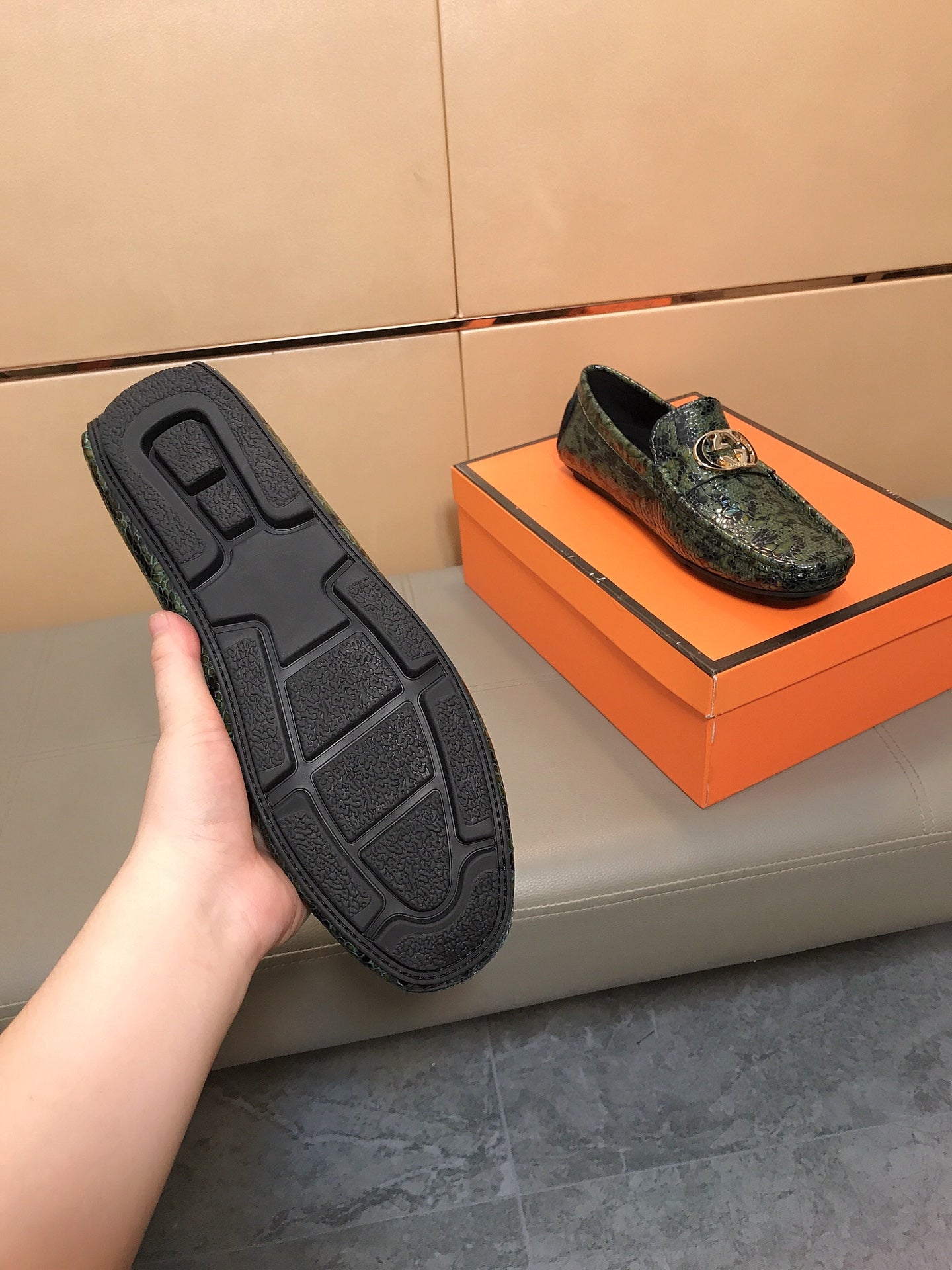 GG Men's Loafer Green Mix Black Embossed Cowhide 748039