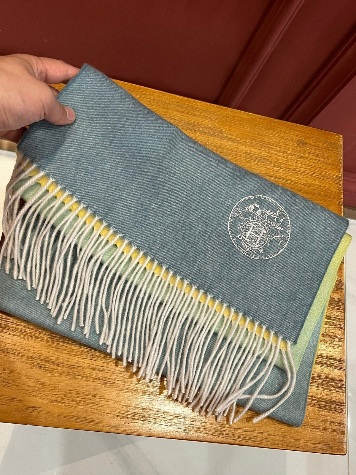 Scarf 190 CM In Blue Yellow Mix Jade Green Cashmere