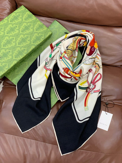 GG Horsebit 135CM White Black Cashmere Silk 275260