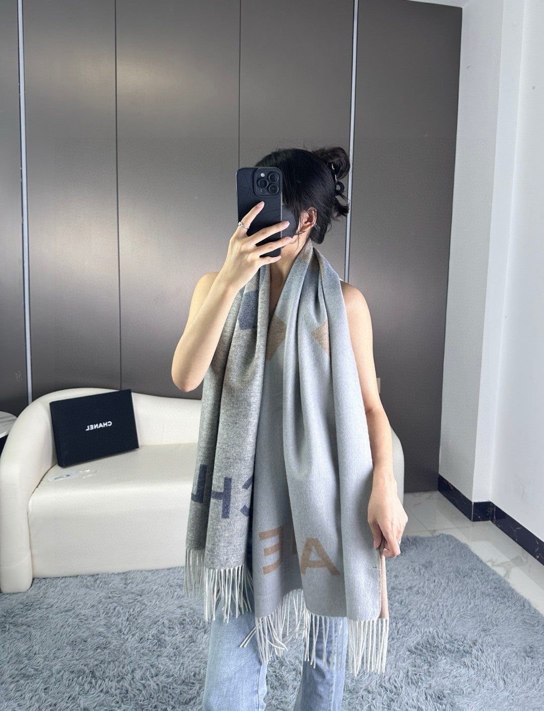 CC Scarf 180 CM In Grey Blue Mix Brown Cashmere Wool 368879