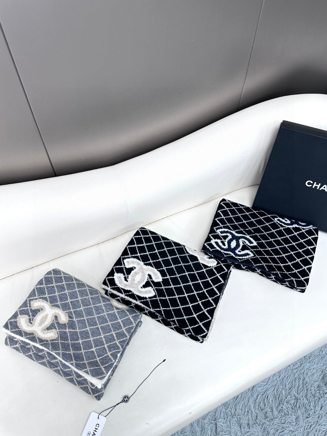 CC Scarf 185 CM In Black Mix Charcoal Blue Cashmere Wool 410150