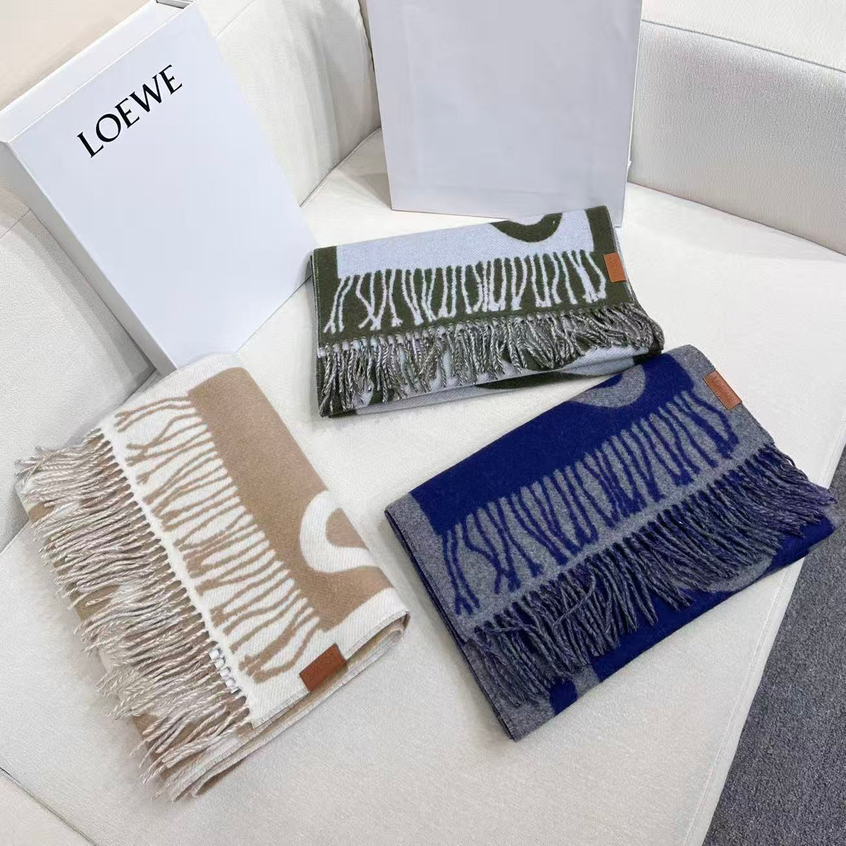 Loewe Scarf 180CM Green Baby Blue Cashmere 962790