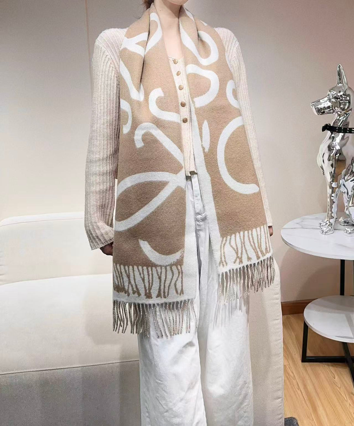 Loewe Scarf 180CM Beige White Cashmere 962789