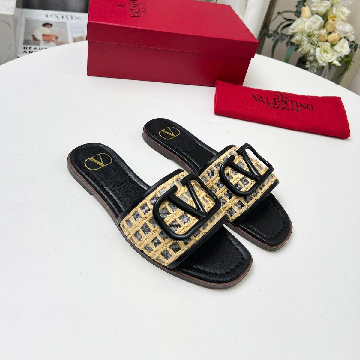 Vlogo embellished leather-trimmed raffia slides black