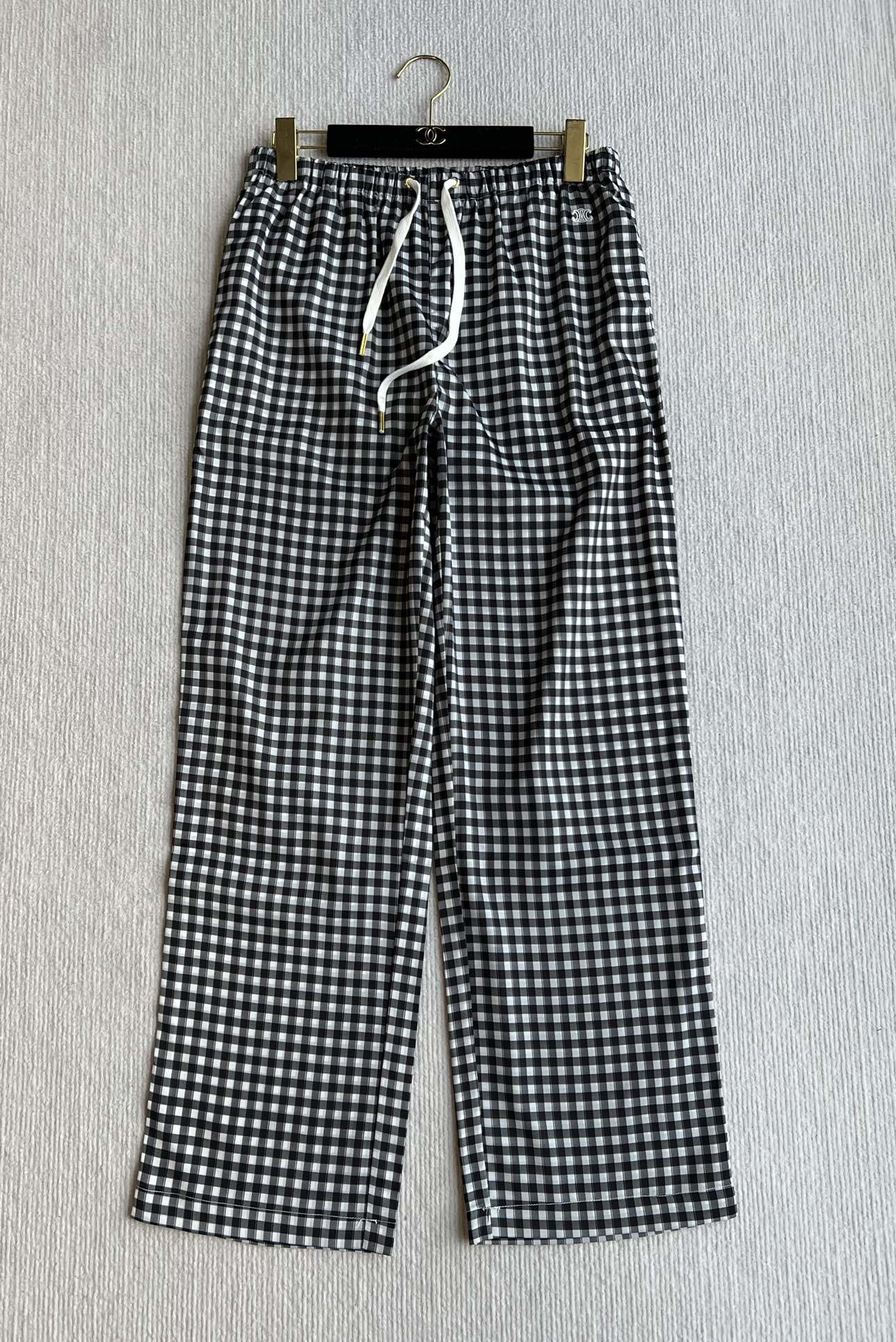 Celine 25 Arc de Triomphe Plaid Casual Pants Black White Polyester