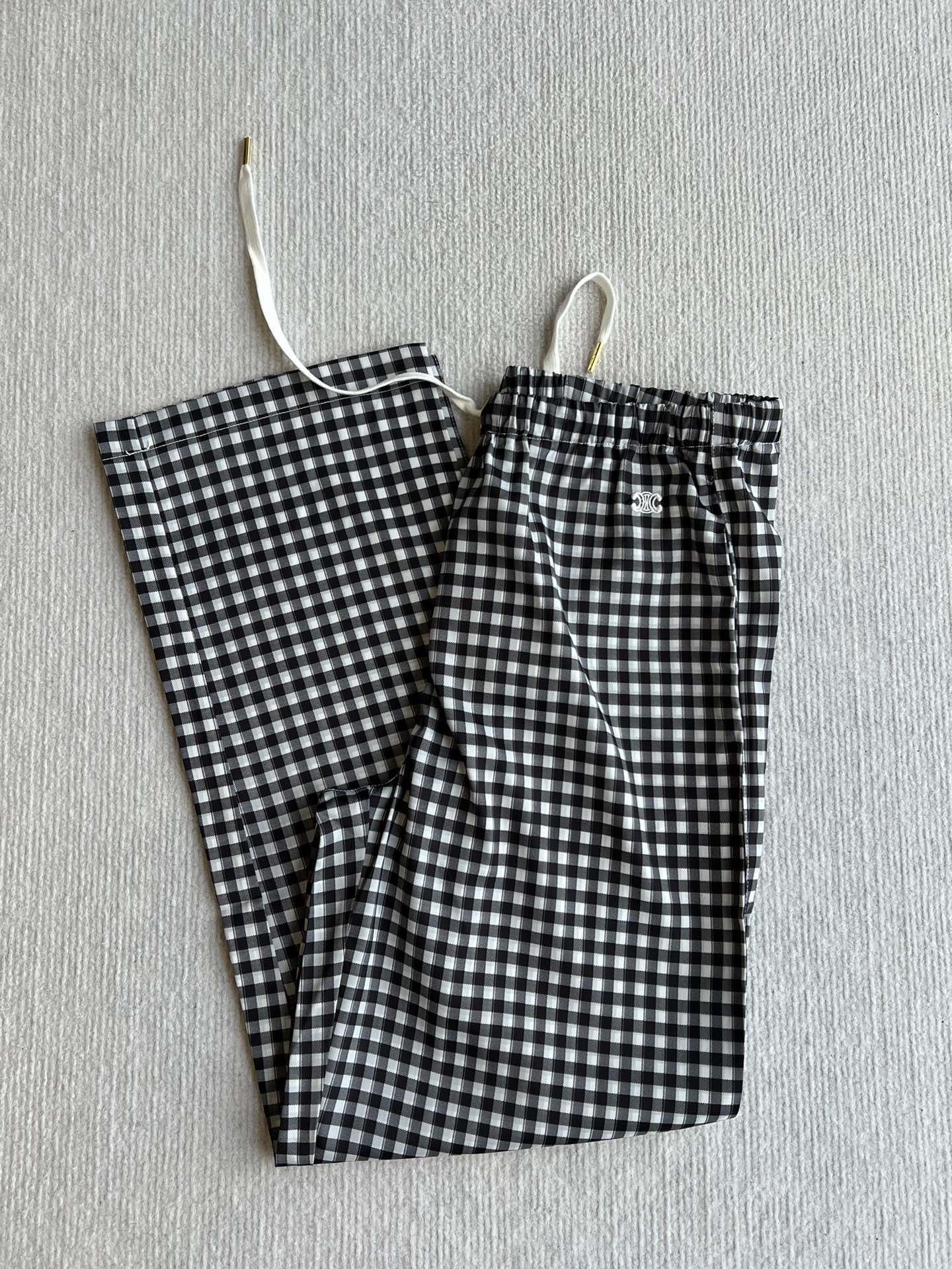 Celine 25 Arc de Triomphe Plaid Casual Pants Black White Polyester