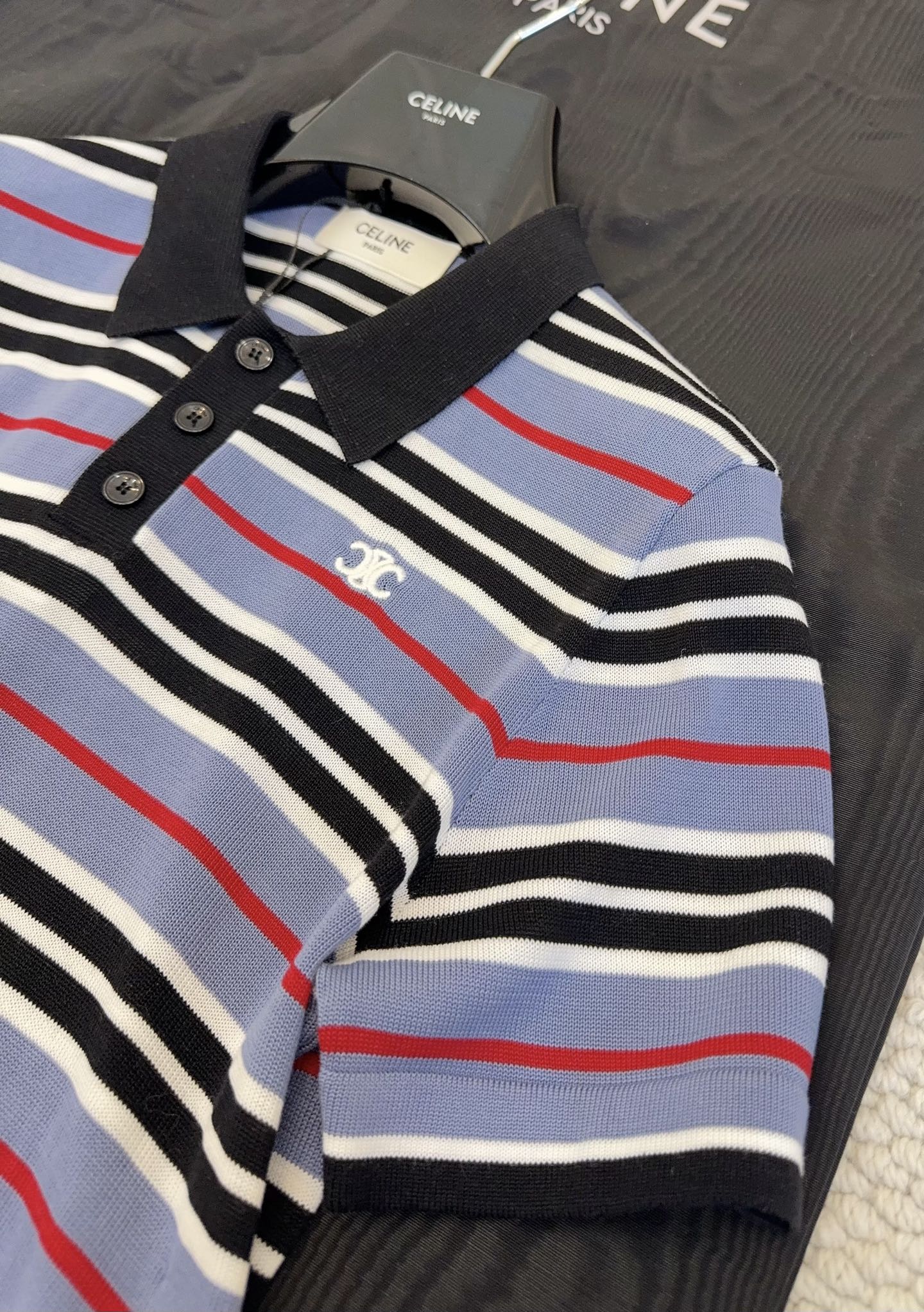 Celine 2025 Striped Polo Shirt Blue Black White Cotton