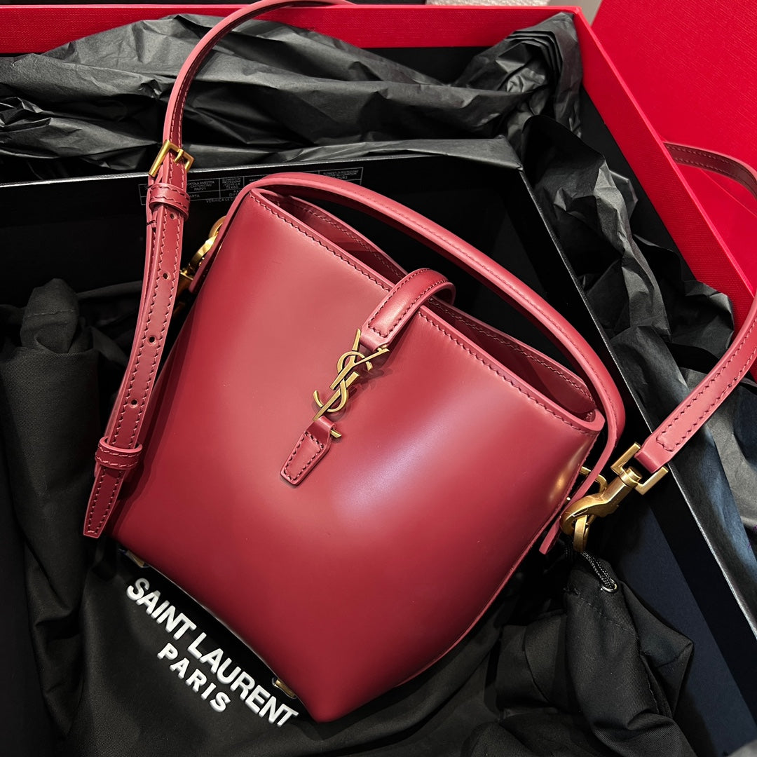 YSL Mini Bucket Bag 15 Dark Red Calfskin Leather