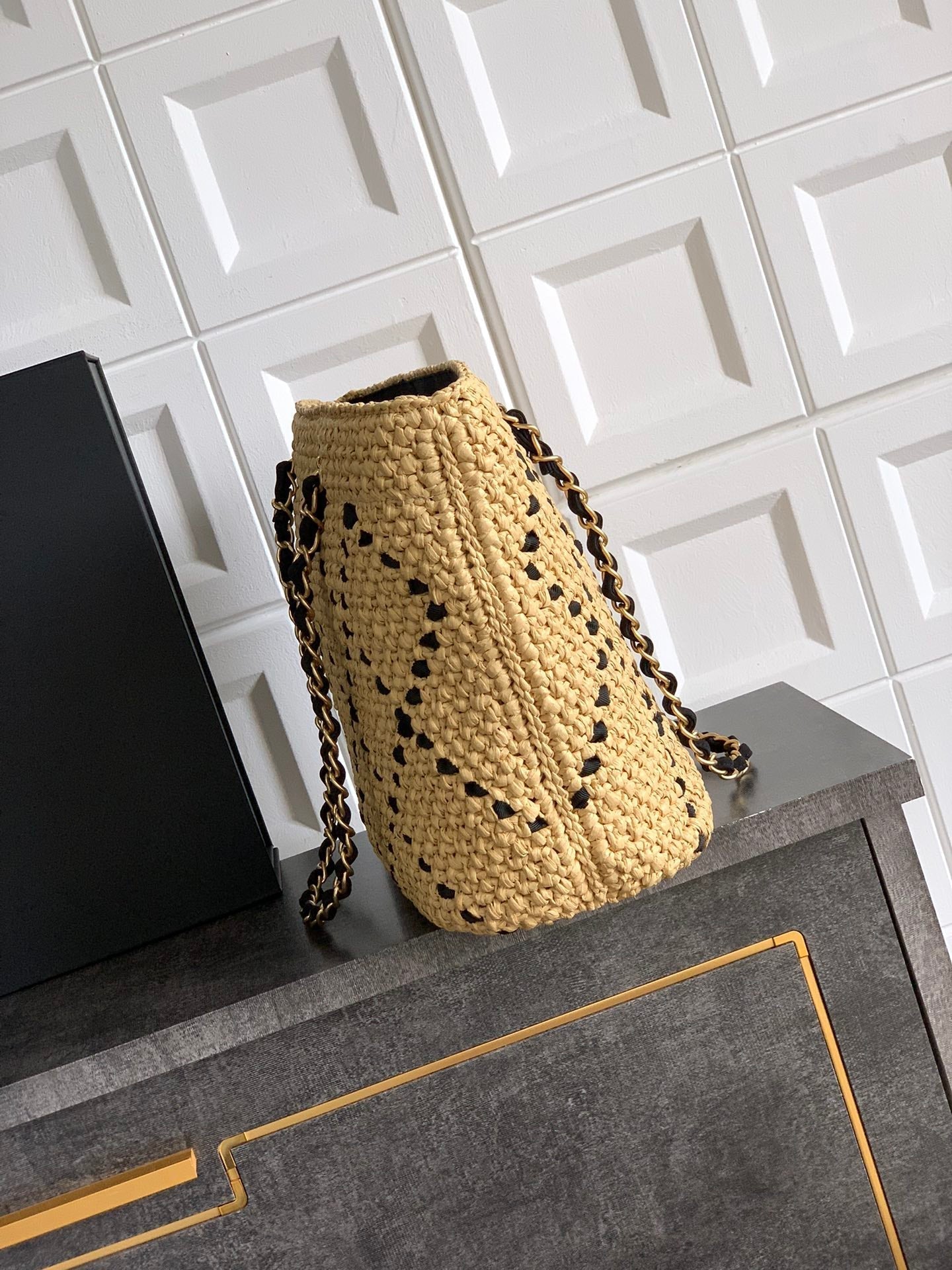 CC Braided Shopping Bag Double C logo Beige Black Raffia