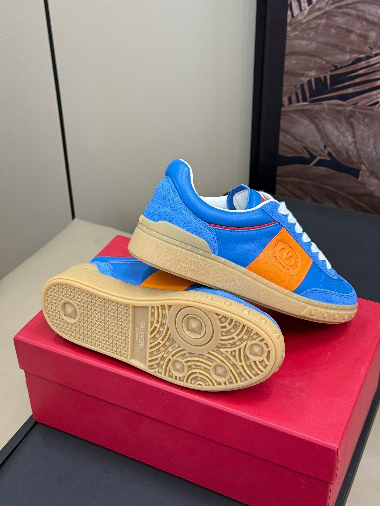 Upvillage Trainer In Blue Mix Orange  Suede With Laminated Calfskin  992730