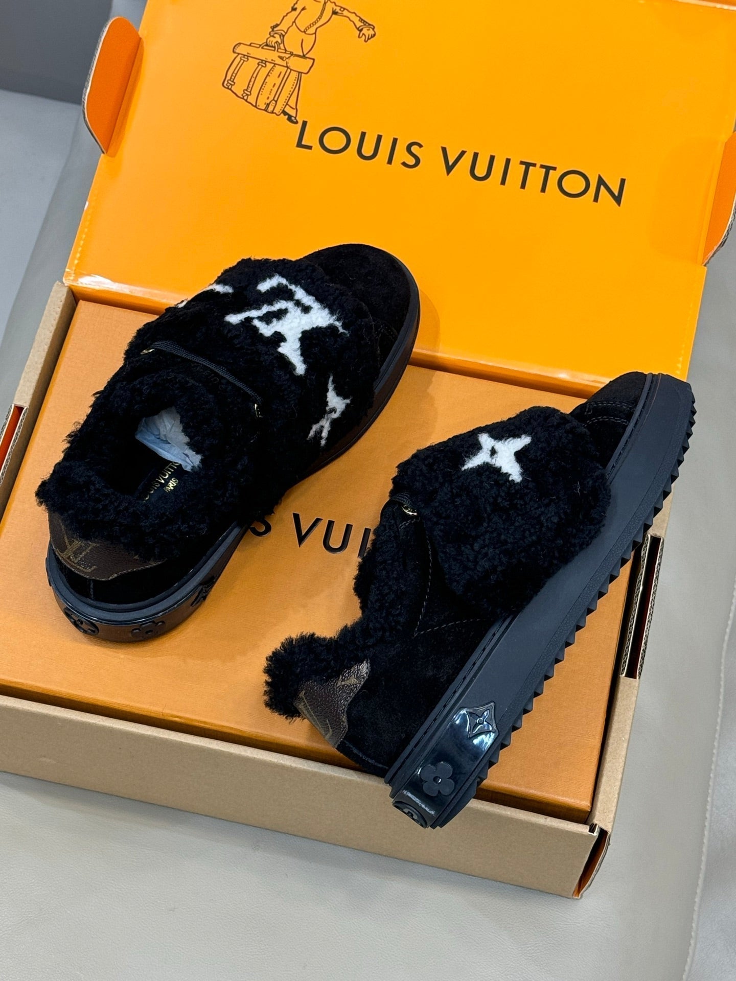 LV 25 Velcro Furry Sneakers Black Suede Wool 576952