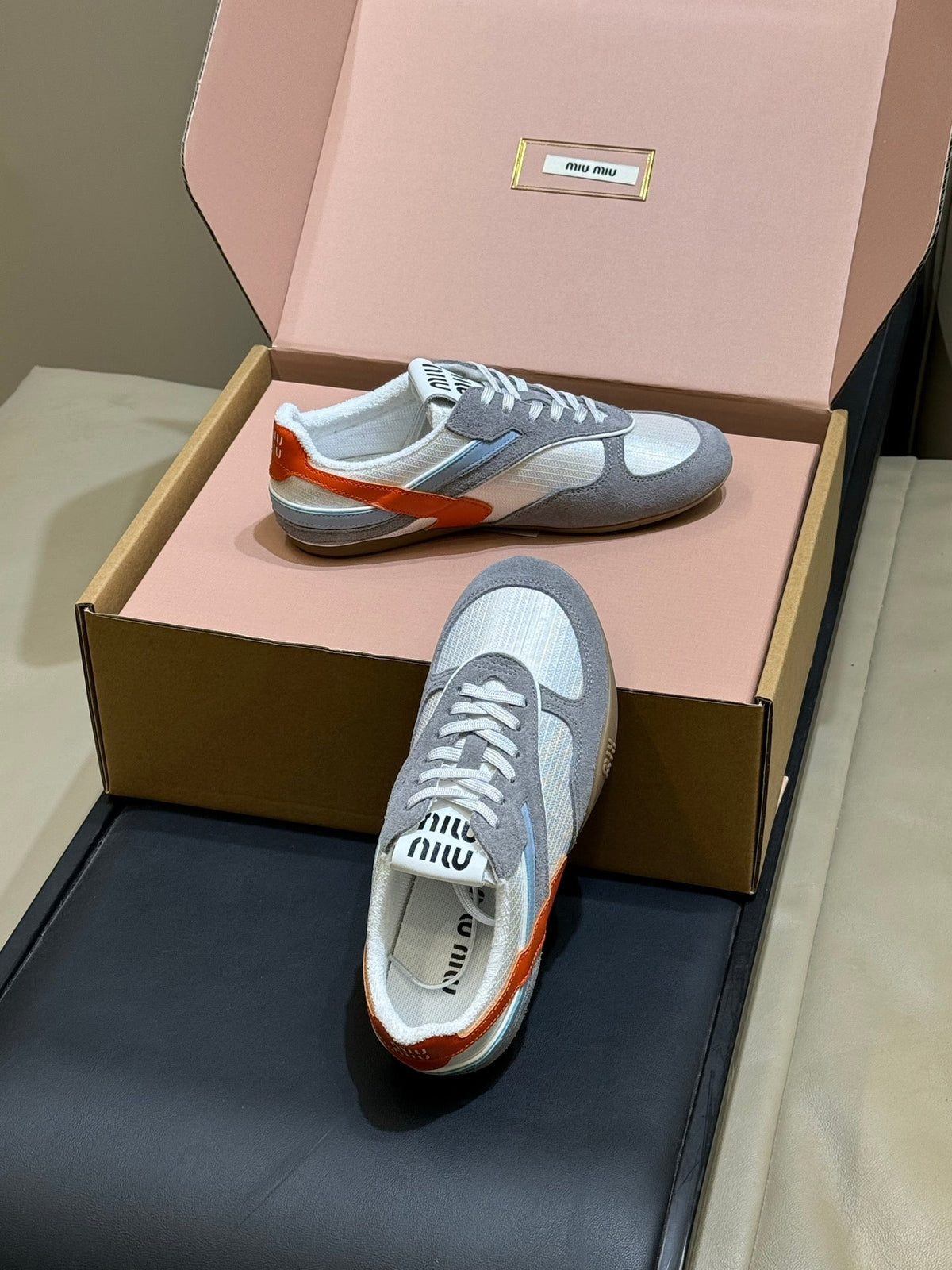 Miu Miu 2026 Tyre Sneaker White Orange Grey Mesh Suede 621350