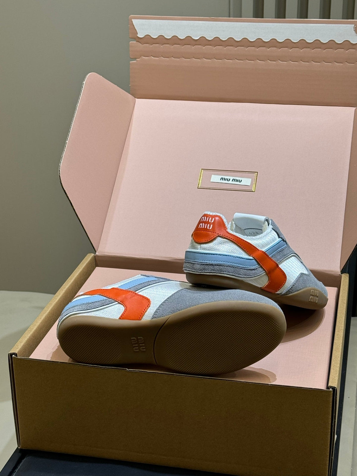 Miu Miu 2026 Tyre Sneaker White Orange Grey Mesh Suede 621350