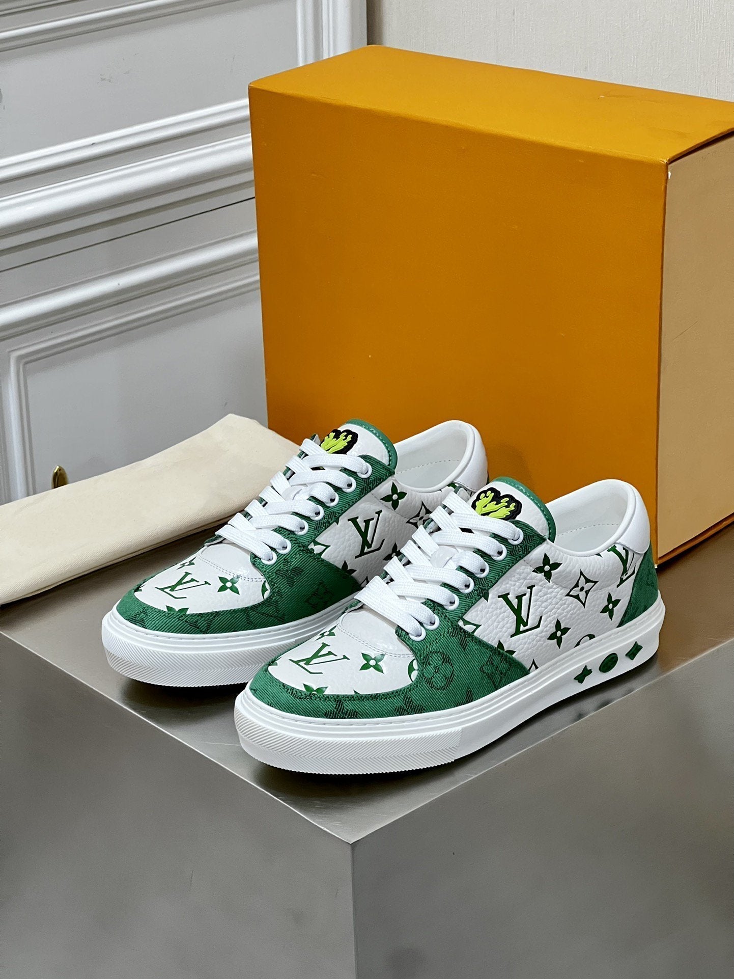 LV MONOGRAM GREEN AND WHITE SNEAKERS